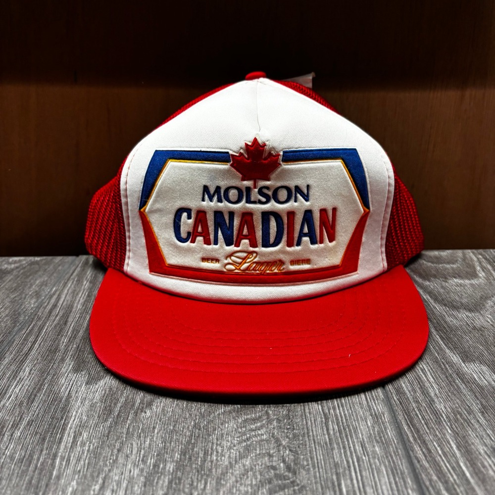 Vintage 80s Molson Canadian Lager Trucker Hat Red White Snapback Beer Mesh Cap